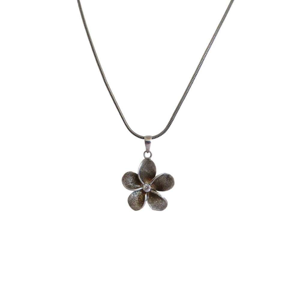 925 Sterling Silver Plumeria Flower Pendant Snake Chain Necklace CZ Center